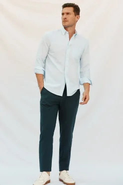 Cortefiel Camisas-Camisa linho algodão liso Azul