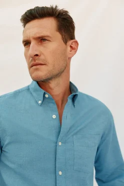 Cortefiel Camisas-Camisa linho algodão liso Azul