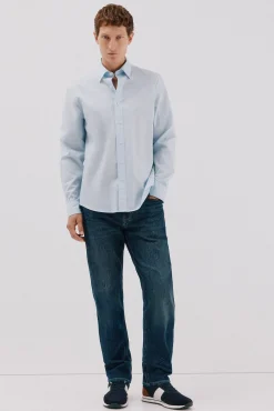 Cortefiel Camisas-Camisa lisa de algodão tencel Azul