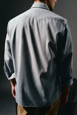 OOTO Camisas-Camisa liso de algodão tencel sarja Azul