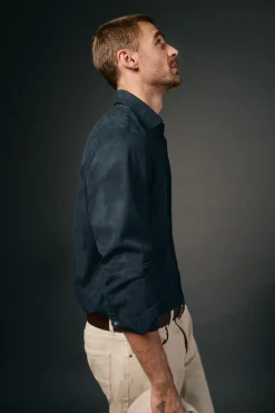 OOTO Camisas-Camisa liso de algodão tencel sarja Azul