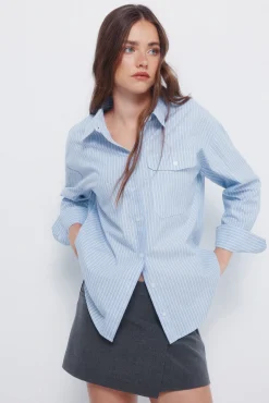 Springfield Blusas-Camisa oversized com bolso de remendo azul