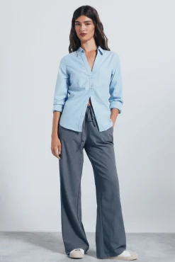 Springfield Blusas-Camisa Oxford com gola aberta azul