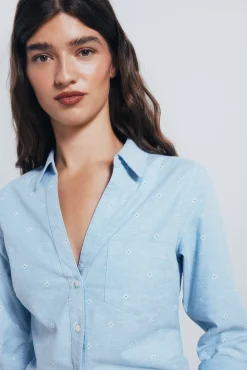 Springfield Blusas-Camisa Oxford com gola aberta azul