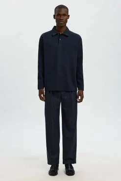 Selected Polos-Camisa polo jacquard de manga comprida , 100% algodão orgânico Azul