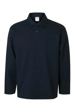 Selected Polos-Camisa polo jacquard de manga comprida , 100% algodão orgânico Azul