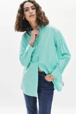 Caroll Blusas-Camisa riscas 100% algodão Verde