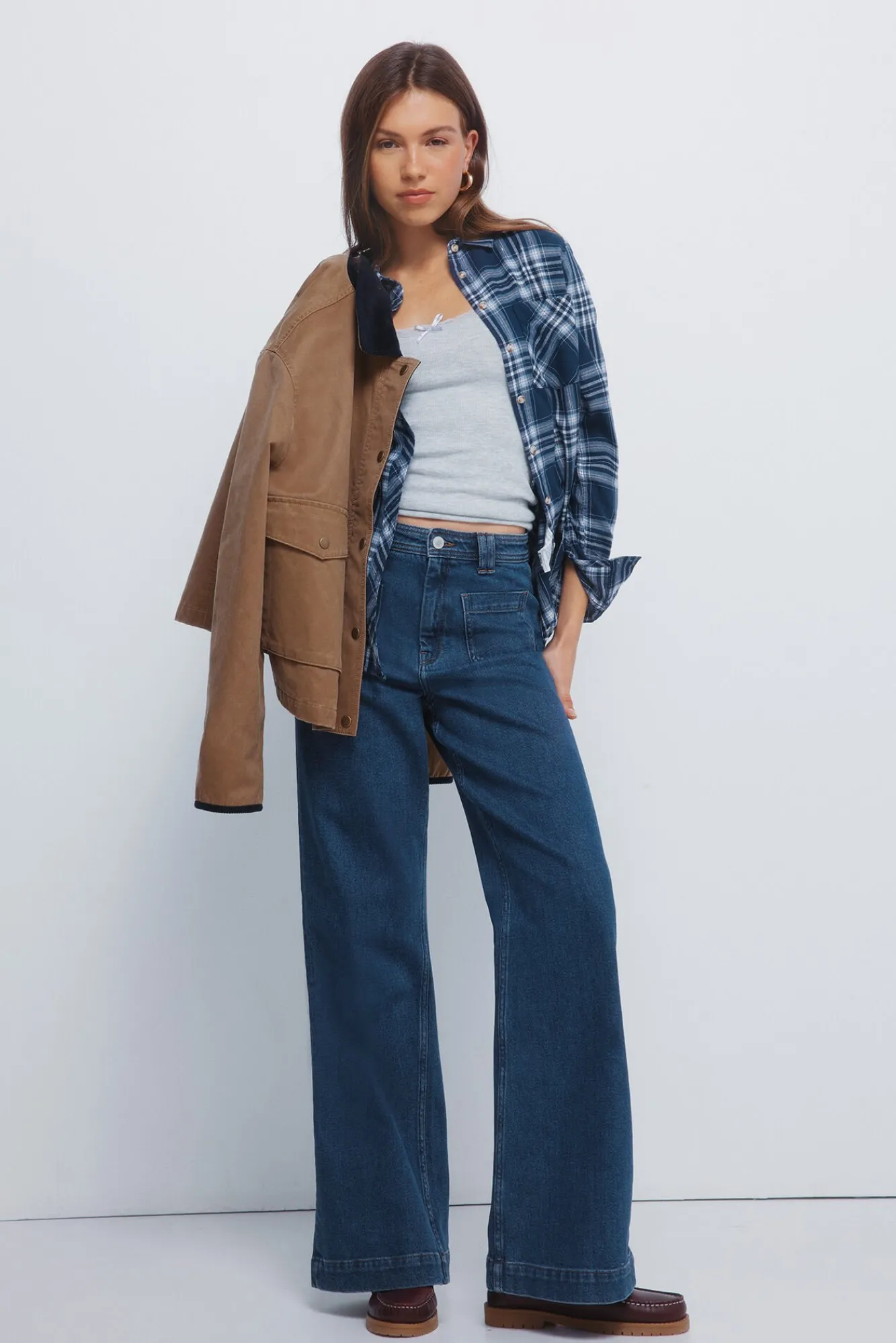 Springfield Blusas-Camisa xadrez lurex com bolso azul