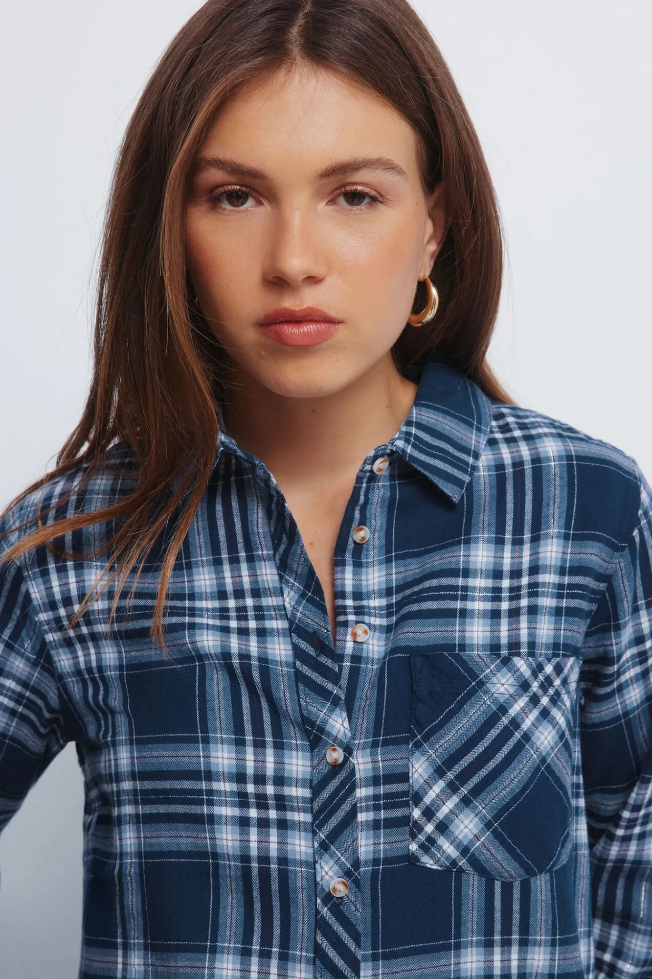 Springfield Blusas-Camisa xadrez lurex com bolso azul