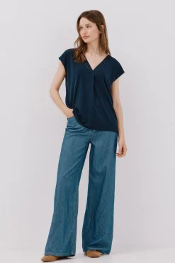 Cortefiel T-Shirts-Camiseta bico com detalhe de renda Azul