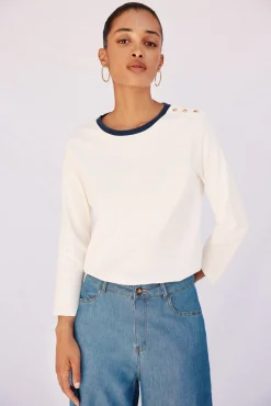 Cortefiel T-Shirts-Camiseta básica com botões dourados Ecru