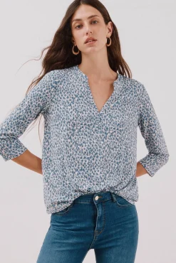 Cortefiel T-Shirts-Camiseta básica decote mandarim Azul