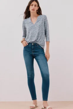 Cortefiel T-Shirts-Camiseta básica decote mandarim Azul