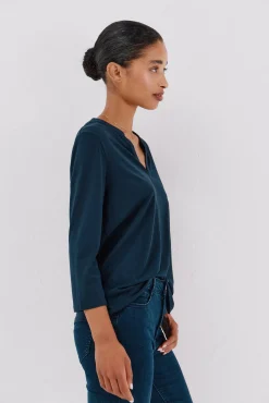 Cortefiel T-Shirts-Camiseta básica decote mandarim Azul