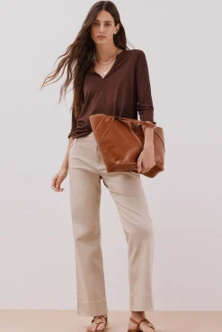 Cortefiel T-Shirts-Camiseta básica decote mandarim Castanho