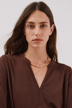 Cortefiel T-Shirts-Camiseta básica decote mandarim Castanho