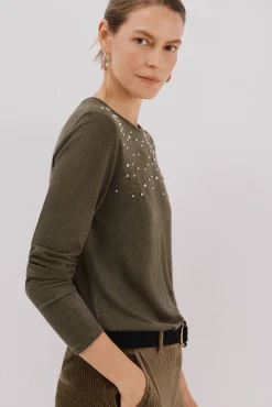 Cortefiel T-Shirts-Camiseta com detalhes em pérola e strass Verde