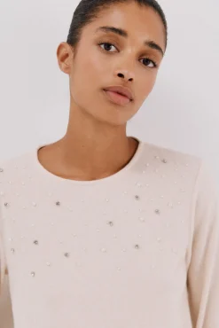 Cortefiel T-Shirts-Camiseta com detalhes em pérola e strass Ecru