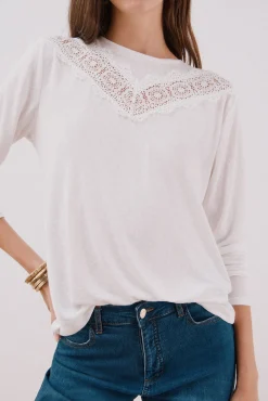 Cortefiel T-Shirts-Camiseta com detalhes em renda floral Branco