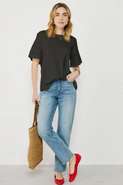 Vila T-Shirts-Camiseta de algodão orgânico com vazados Preto