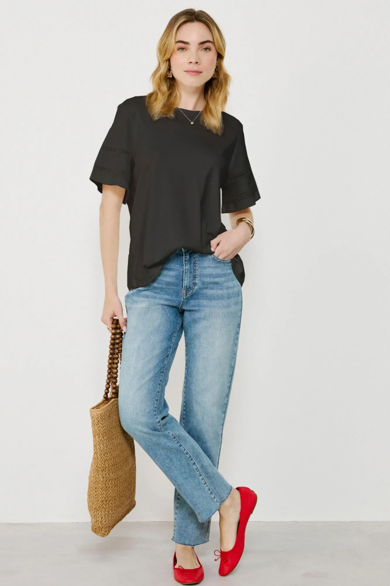 Vila T-Shirts-Camiseta de algodão orgânico com vazados Preto