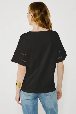 Vila T-Shirts-Camiseta de algodão orgânico com vazados Preto