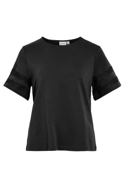 Vila T-Shirts-Camiseta de algodão orgânico com vazados Preto
