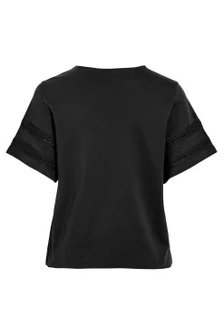 Vila T-Shirts-Camiseta de algodão orgânico com vazados Preto