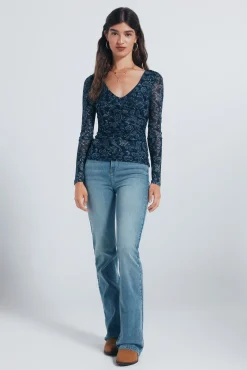 Springfield T-Shirts-Camiseta de chiffon com decote franzido estampado azul