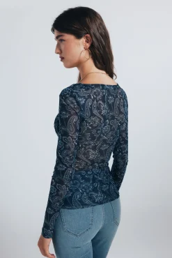 Springfield T-Shirts-Camiseta de chiffon com decote franzido estampado azul