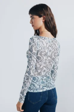 Springfield T-Shirts-Camiseta de chiffon com decote franzido estampado branco