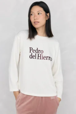 Pedro del Hierro T-Shirts-Camiseta de manga comprida com logo soft touch e activewear Ecru