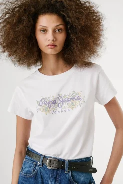 Pepe Jeans T-Shirts-Camiseta de manga curta com logo floral na frente branco