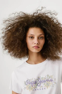 Pepe Jeans T-Shirts-Camiseta de manga curta com logo floral na frente branco