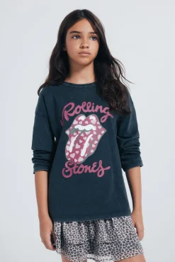 Springfield Kids T-Shirts-Camiseta de manga manga comprida dos Rolling Stones para meninas. cinzento