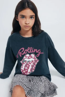 Springfield Kids T-Shirts-Camiseta de manga manga comprida dos Rolling Stones para meninas. cinzento