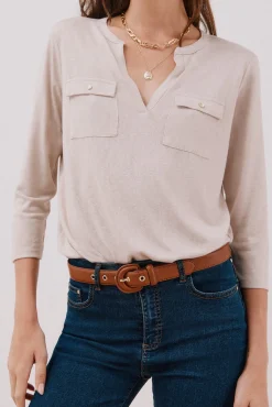 Cortefiel T-Shirts-Camiseta gola mao com efeito linho Tostado