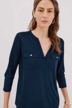 Cortefiel T-Shirts-Camiseta gola mao com efeito linho Azul