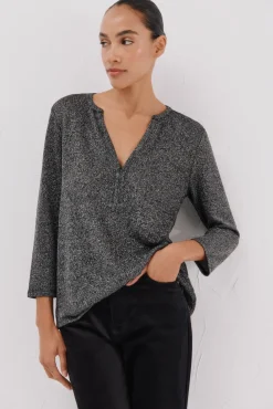 Cortefiel T-Shirts-Camiseta gola mao lurex Cinzento