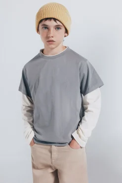 Springfield Kids T-Shirts-Camiseta manga comprida masculina de manga dupla cinzento