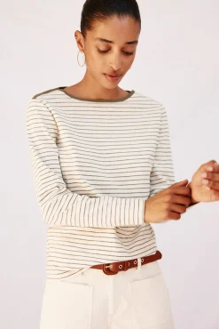 Cortefiel T-Shirts-Camiseta riscas com gola canoa Verde