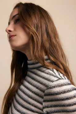 Slowlove T-Shirts-Camiseta riscas de lurex com gola alta Cinzento