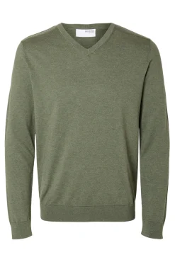Selected Camisolas-Camisola com gola em V confecionada em algodão orgânico. Corte Regular Fit. Verde