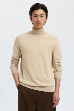 Selected Camisolas-Camisola de gola de algodão orgânico Tostado