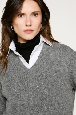 Selected Camisolas-Camisola de lã com gola em V. Cinzento