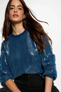 Morgan Camisolas-Camisola de lantejoulas com gola redonda Azul