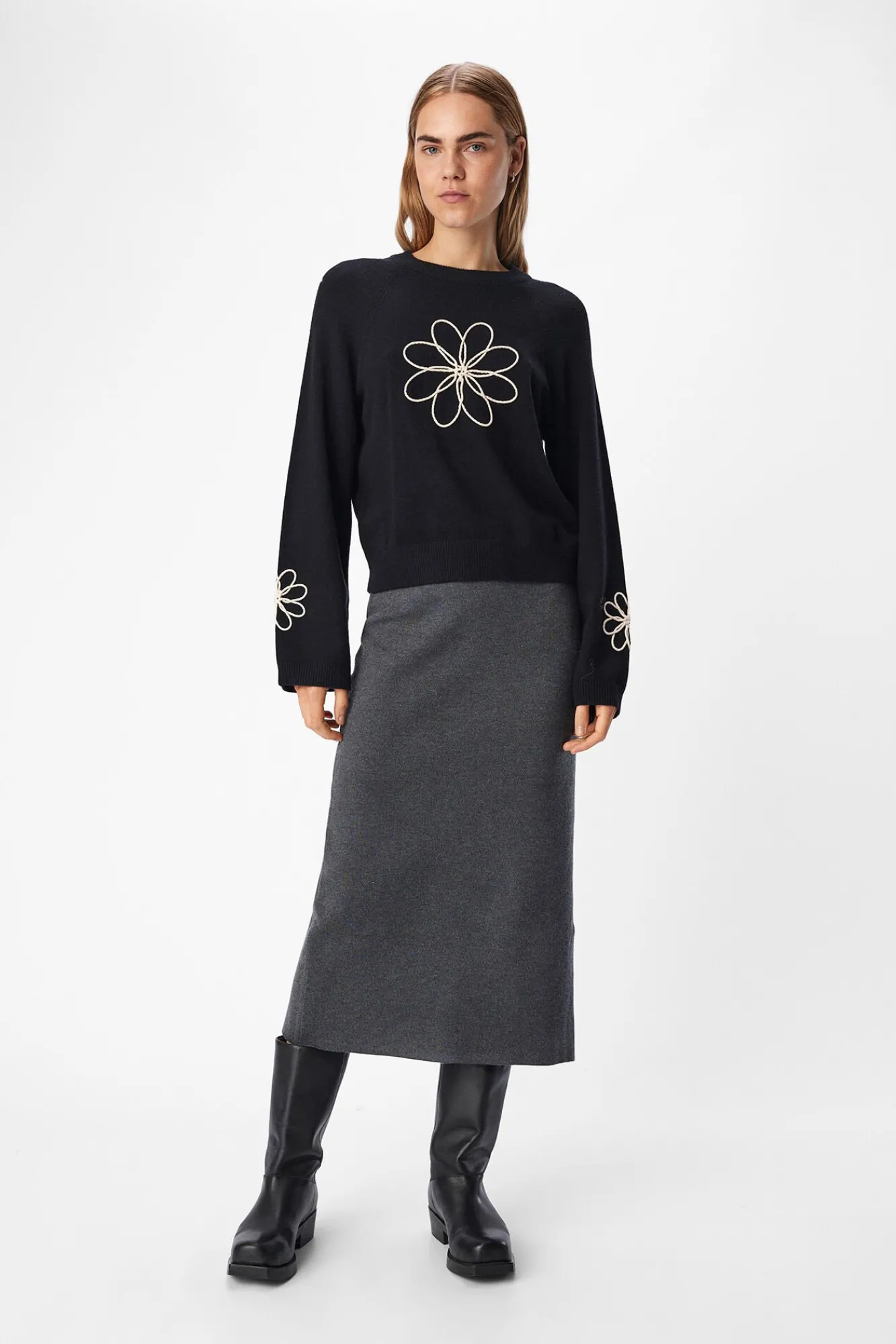 Object Camisolas-Camisola de malha bordado com flores Preto