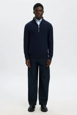 Selected Camisolas-Camisola estruturada 100% algodão orgânico com meia fecho-éclair . Azul