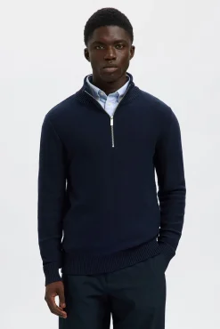 Selected Camisolas-Camisola estruturada 100% algodão orgânico com meia fecho-éclair . Azul