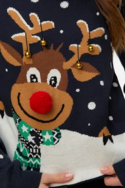 Vero Moda Camisolas-Camisola feminino com estampado de Natal e gola redonda Azul